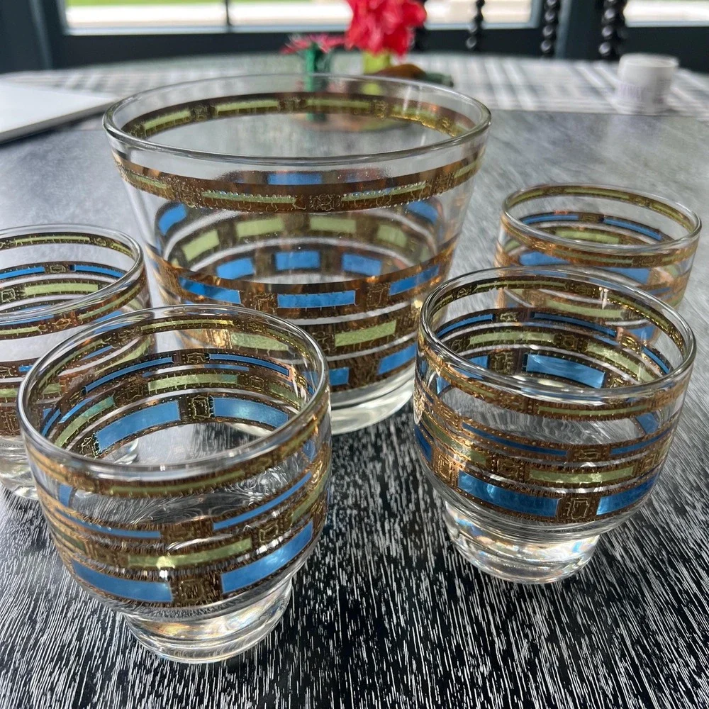 Culver‎ Empress Footed Whiskey Rocks Glasses & Ice Bucket - set of 5